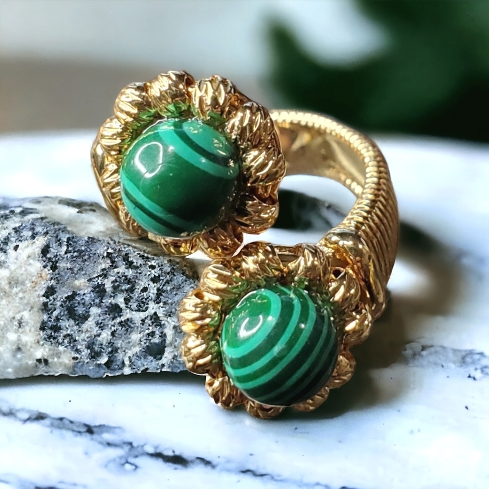 18k Gold Plated Omega Malachite Cabochon Bypass Ring